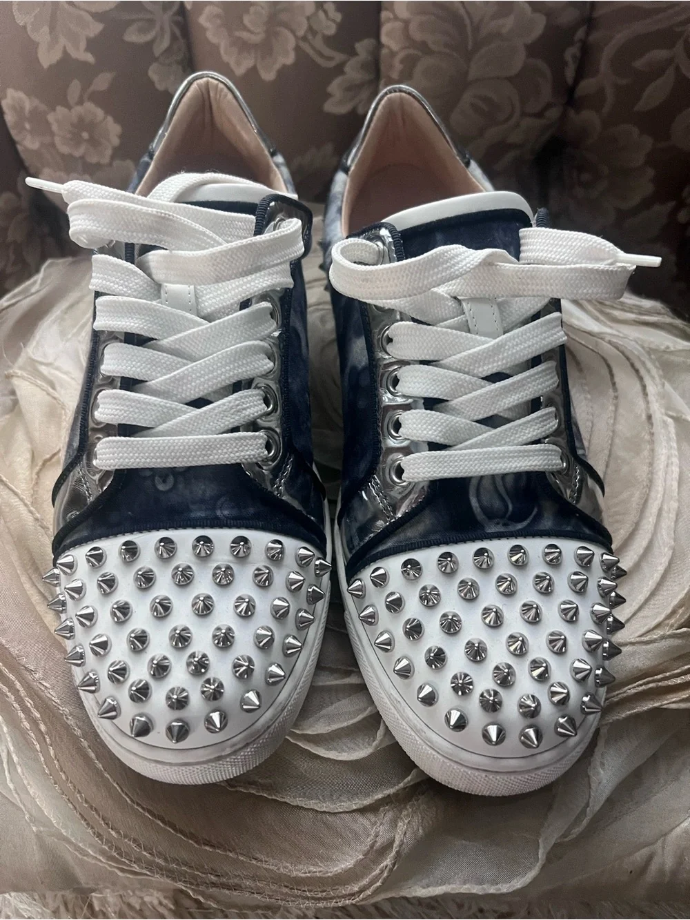 Christian Louboutin White and Black Spike-Toe Low-Top Sneakers (No insoles)